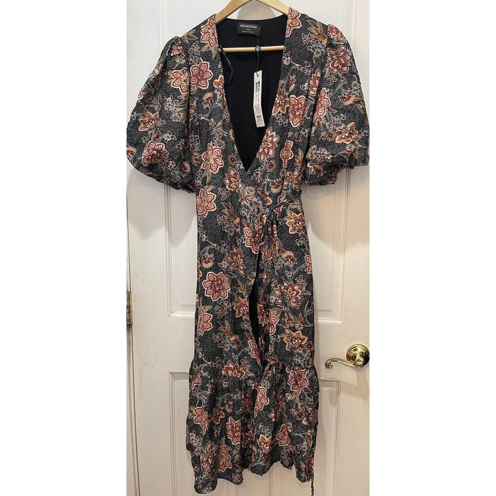 MinkPink Mehdya Midi Wrap Floral Puff Short Sleeve Dress Size Medium
